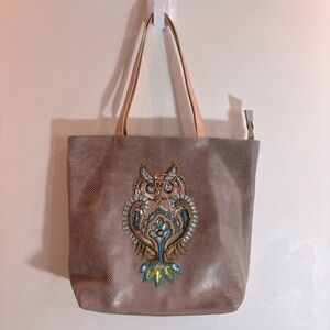 SHARIF NEW YORK TOTE Handbag Purse Leather Rhinestone Owl Design Textured